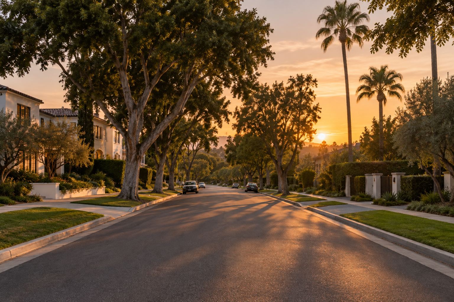 A Southern California residential street at sunset, illustrative