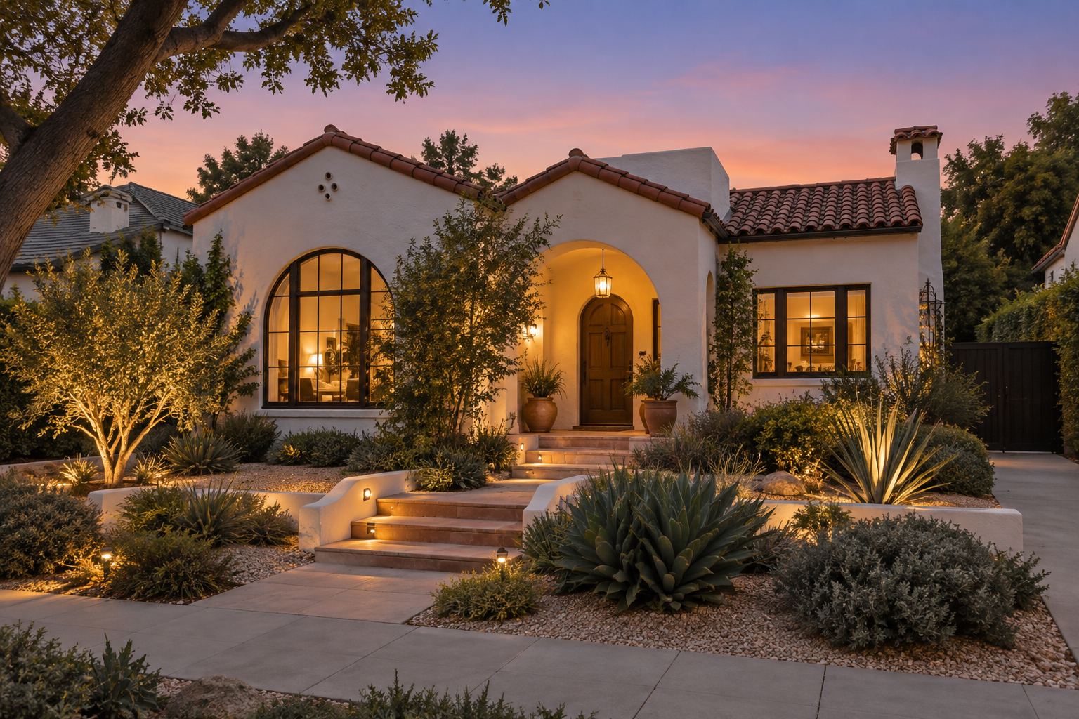 A Spanish revival Southern California home at dusk, illustrative